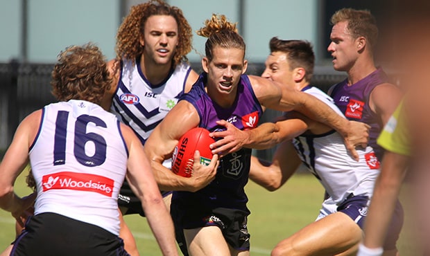 intraclub fyfe web 92.jpg Nat Fyfe bursting through the pack during Friday's intra-club match. - Fremantle,Fremantle Dockers